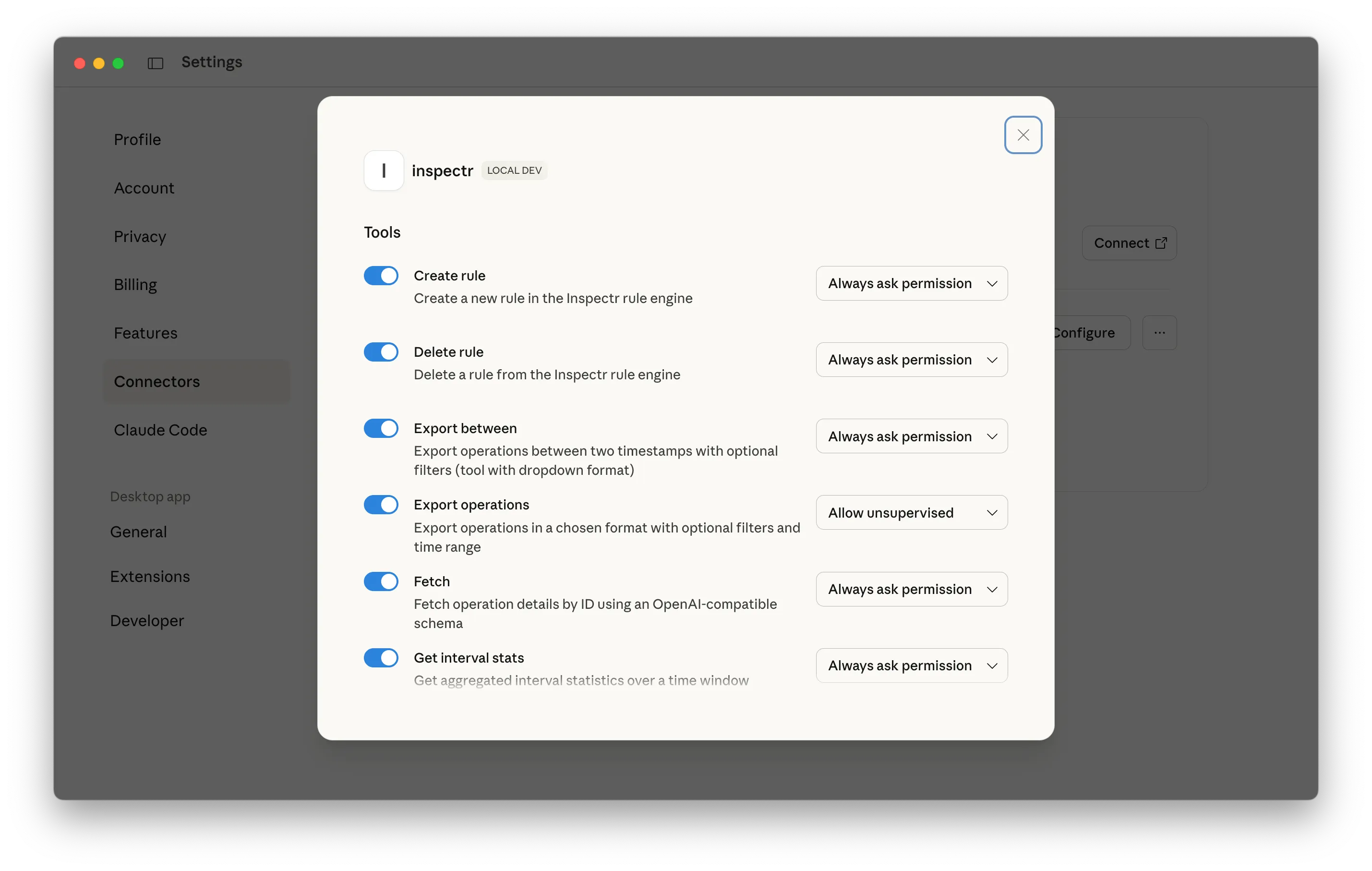 Claude Desktop connectors actions