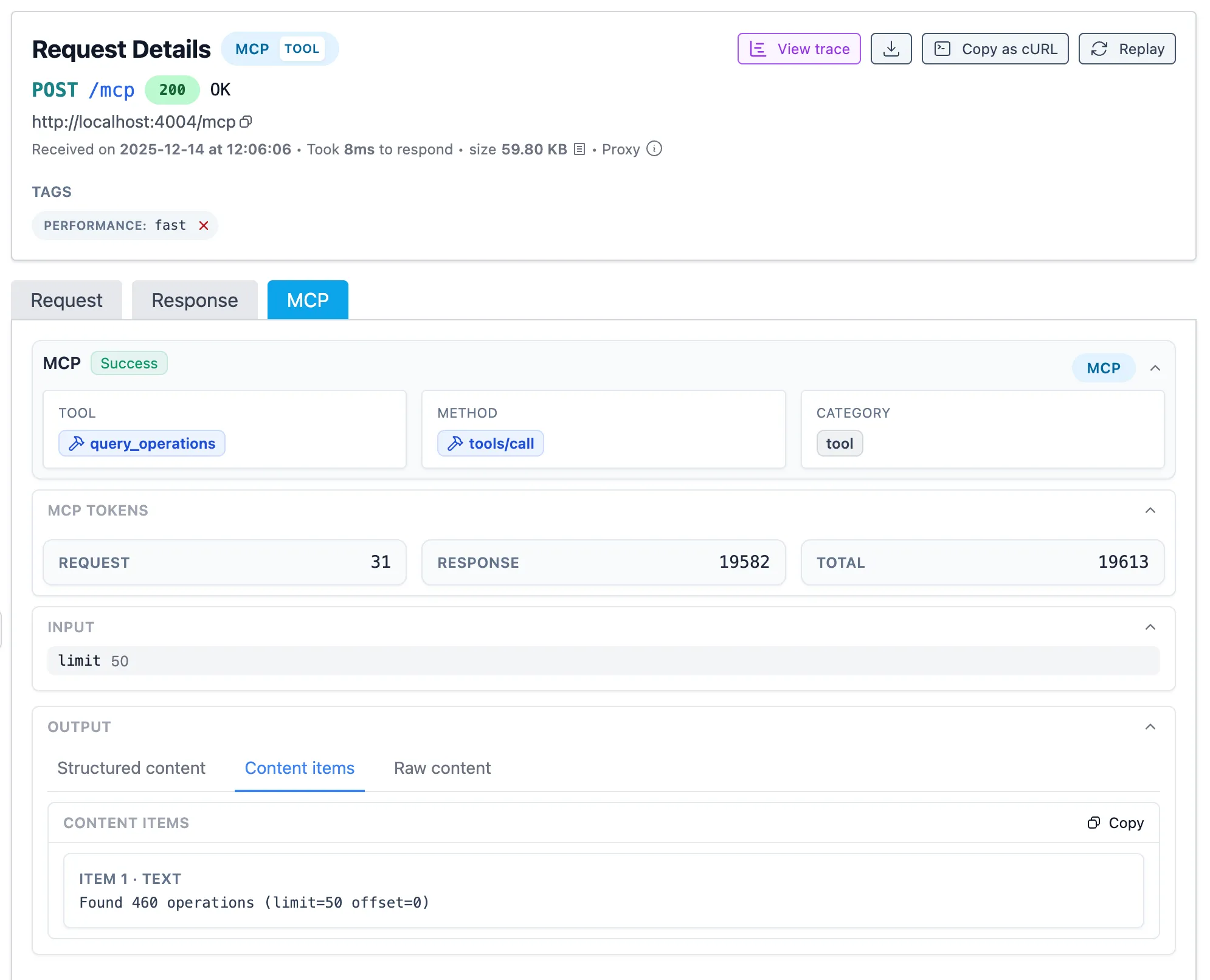 Inspectr showing MCP request details with tool metadata