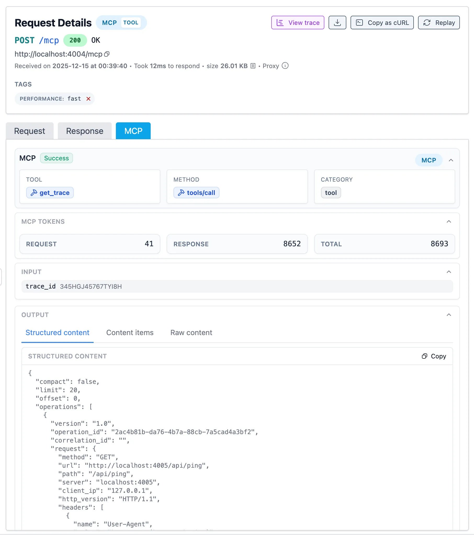 Inspectr rendering MCP tools list response with MCP tags