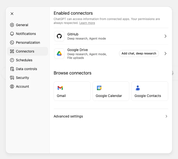 ChatGPT connector settings