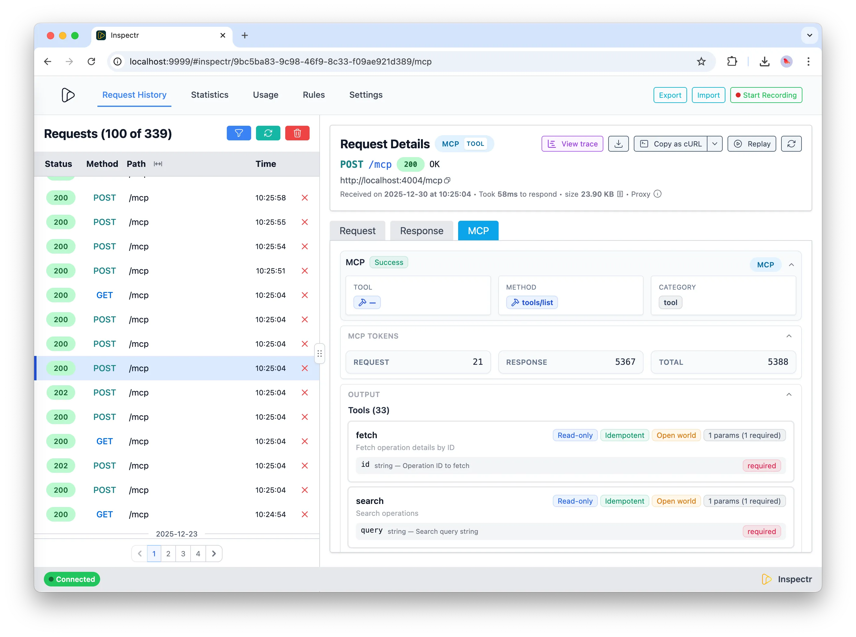 Inspectr MCP Tools view