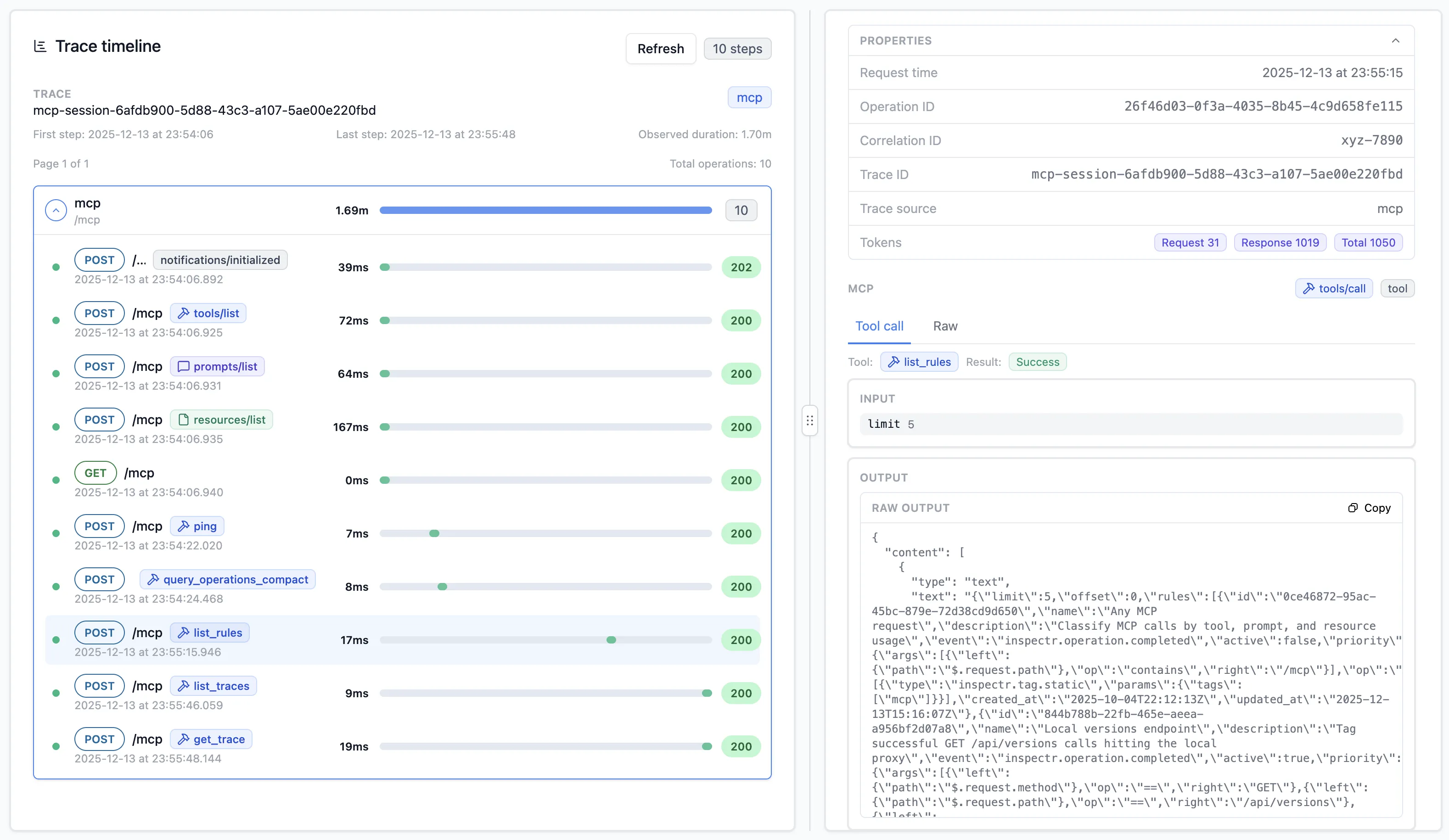 Inspectr showing MCP tool list from an OpenAI MCP client